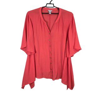 Womens Catherines Coral Pink Sheer Kimono Cardigan Top Button-Down Polyester 4X